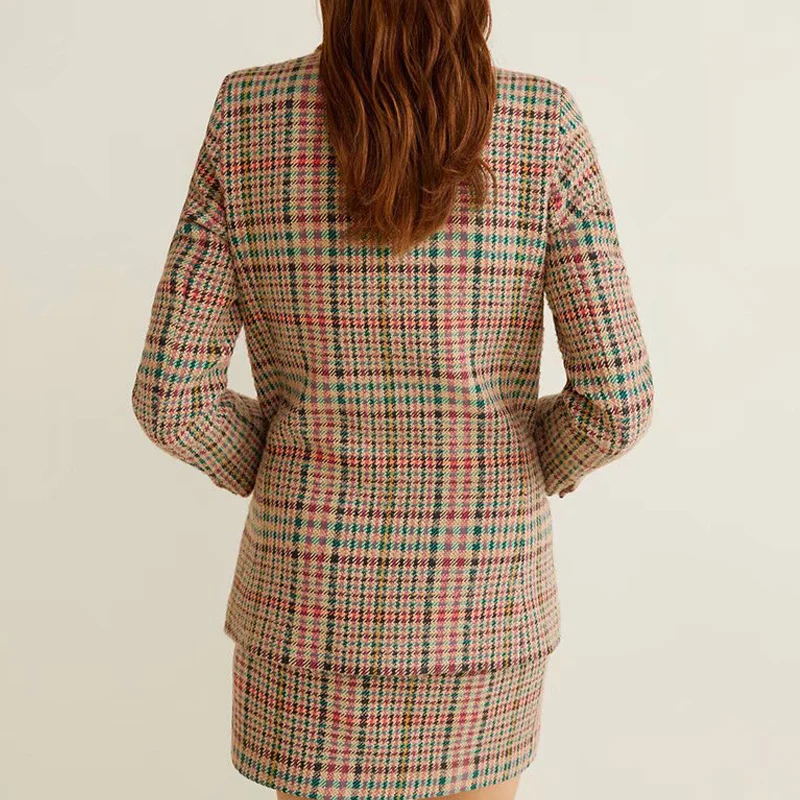2019 Vintage Office Ladies Plaid Blazer Women Button Long Sleeve Suit Coat Female Double Breasted Jacket blazers Femme Outerwear