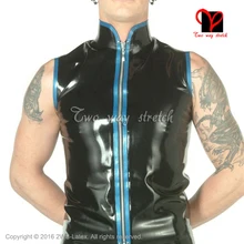 Черный с синим сексуальный латексный жилет на молнии без рукавов воротник Мандарин Топ резиновая рубашка одежда ХХХ размера плюс SY-061