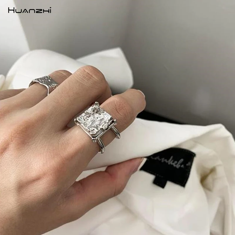 

HUANZHI New Geometric Square Irregular Surface Bump Imitation Mountain Range Silver Opening Finger Rings for Women Girls Party