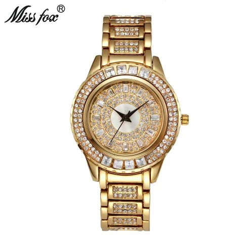 MISSFOX Новые популярные Австрийские хрустальные часы женские полностью алмазные лучшие женские часы брендовые модные золотые часы деловые кварцевые часы - Цвет: V0233