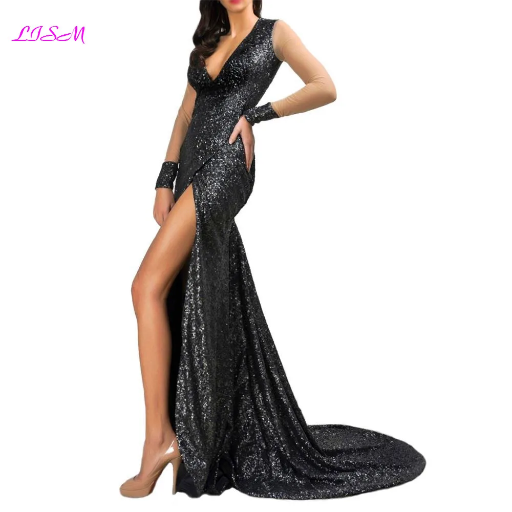Vintage Arabic Sequined Mermaid Evening Dresses 2019 Deep V Neck Backless Long Prom Gowns Sheer Full Sleeves Split Formal Dress Vintage Arabic Sequined Mermaid Evening Dresses 2019 Deep V Neck Backless Long Prom Gowns Sheer Full Sleeves Split Formal Dress