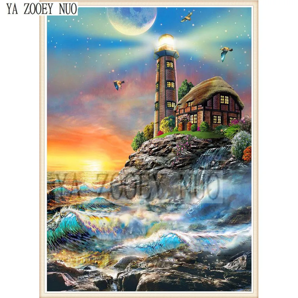 

YA ZOOEY NUO DIY Diamond Painting Cross Stitch Rhinestones Needlework 5D Diamond Embroidery Sea lighthouse Decor painting K1403