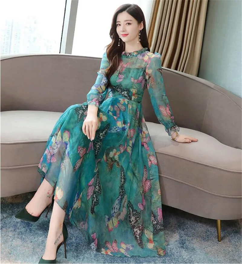 Женское шифоновое платье с цветочным принтом; коллекция года; Корейская версия осеннего нового платья с круглым вырезом и модным принтом; длинное платье с длинными рукавами