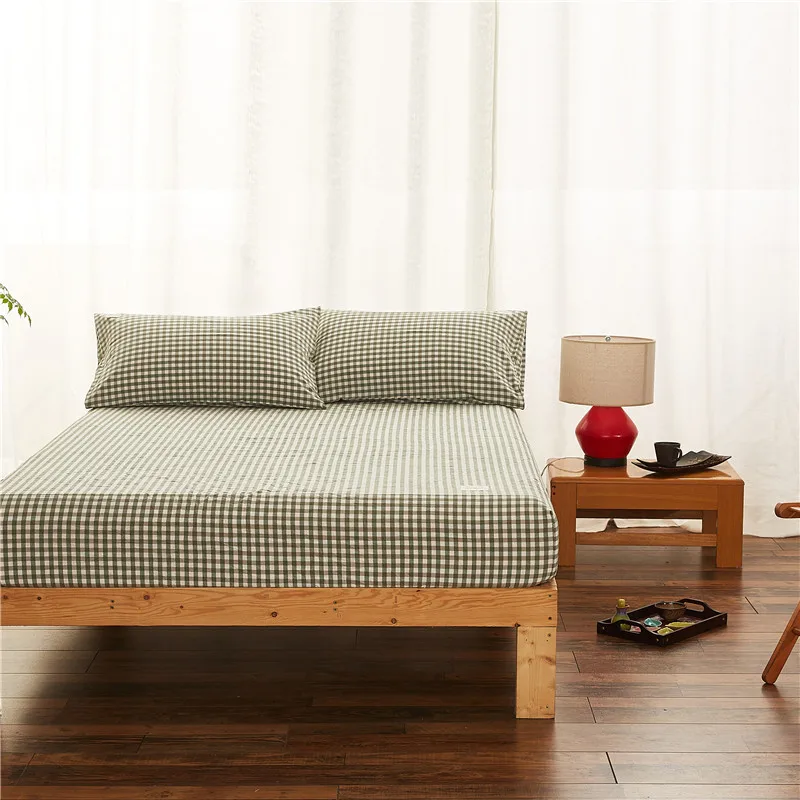 

Simple Green Little Plaid Pattern 3Pcs Fitted Sheet pillowcase With An Elastic Band Bed Sheets Linen Bedspread Cotton Soft Warm