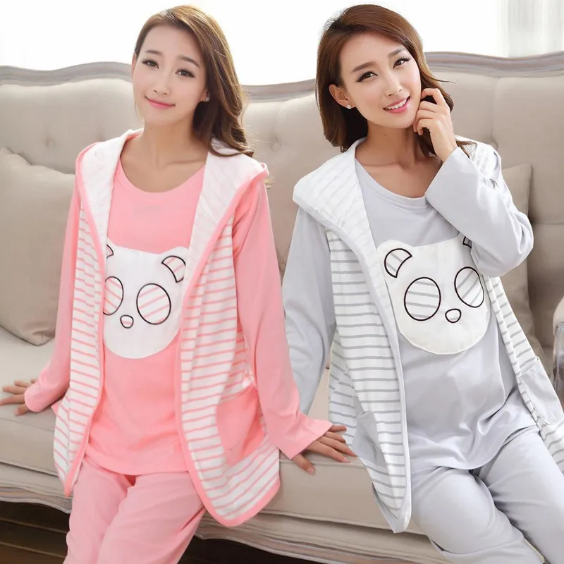

Spring/autumn Cute Cotton Maternity Nursing Clothes 3pcs/set(jacket+shirts+pants) Invisible Breastfeeding Mouth Pregnant Clothes