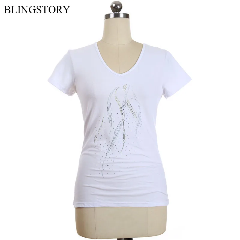 

BLINGSTORY High Quality Women T Shirt Short Sleeve Casual Top Diamond Rhinestone Flower Plus Size T-shirts S-6XL LP5209035