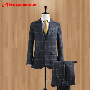 Ceny Najnowsze Wzory Płaszcz Pant Groom Smokingi Tweed Wykonane Na Zamówienie Szary Wełny Mężczyźni Garnitur Slim Fit Garnitury Dla Mężczyzn Blazer (kurtka + Spodnie + Kamizelka)