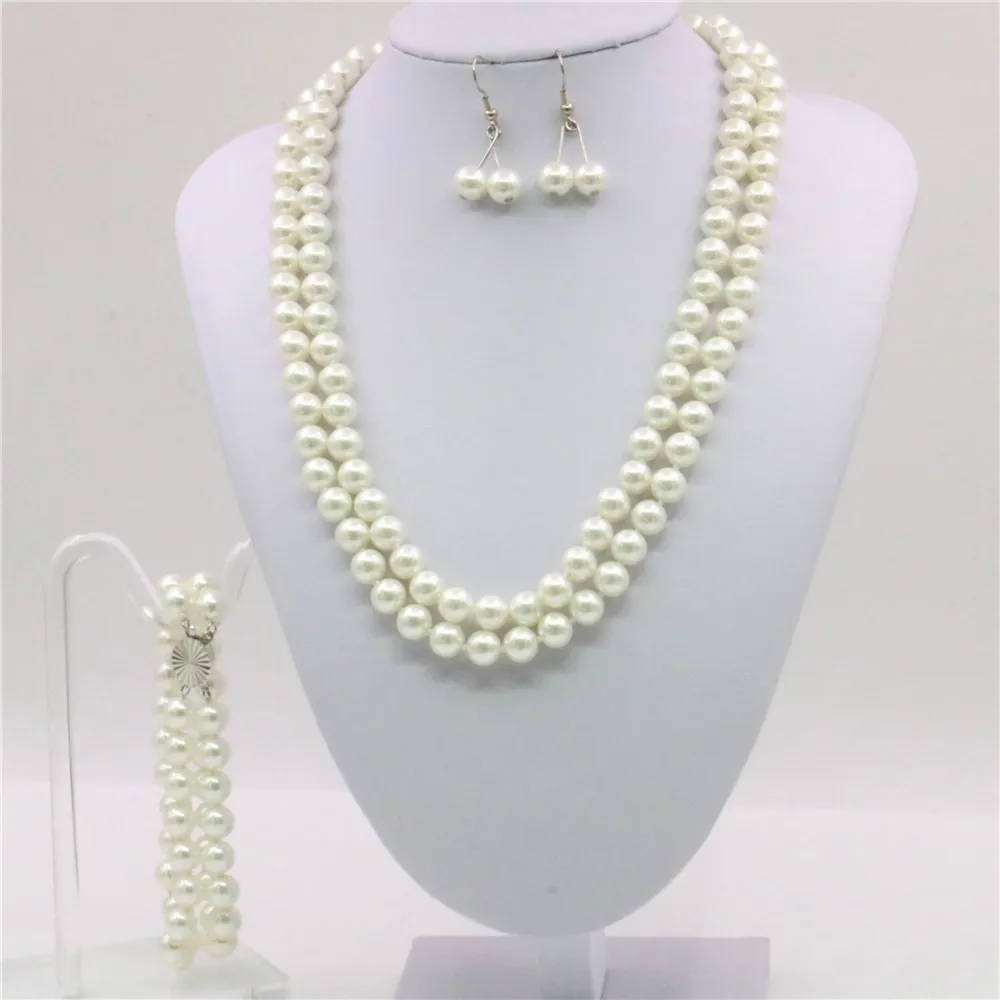 

Hot 2rows 8mm Beige White Round Beads Shell Imitation Pearl Necklace 17-18inch Bracelet 7.5inch Earrings Women's Jewelry Set 107