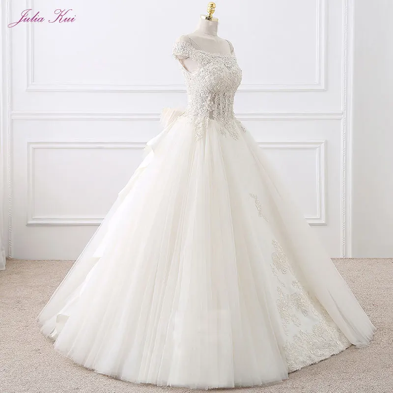 

Julia Kui Real Photos Beaded Appliques Organza Ball Gown Wedding Dresses Lace Up With Bow Sashes Bridal Gowns Vestido De Novia