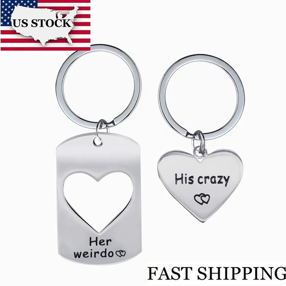 

US STOCK Uloveido Fashion 2 Pcs Heart Keychain for Men and Women "His Crazy,Her Weirdo" Key Chain Stainless Steel Jewelry SN151