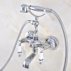 Полированный хром латунь Двойные керамические ручки Настенные Ванная комната Clawfoot ванна кран смесителя w/ручной душ atf871