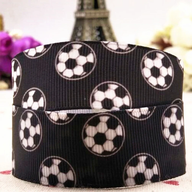 

new 25mm black white football cartoon print sports ribbon 10 yards handmade DIY clothing accessories Grosgrain ribbons H-00044