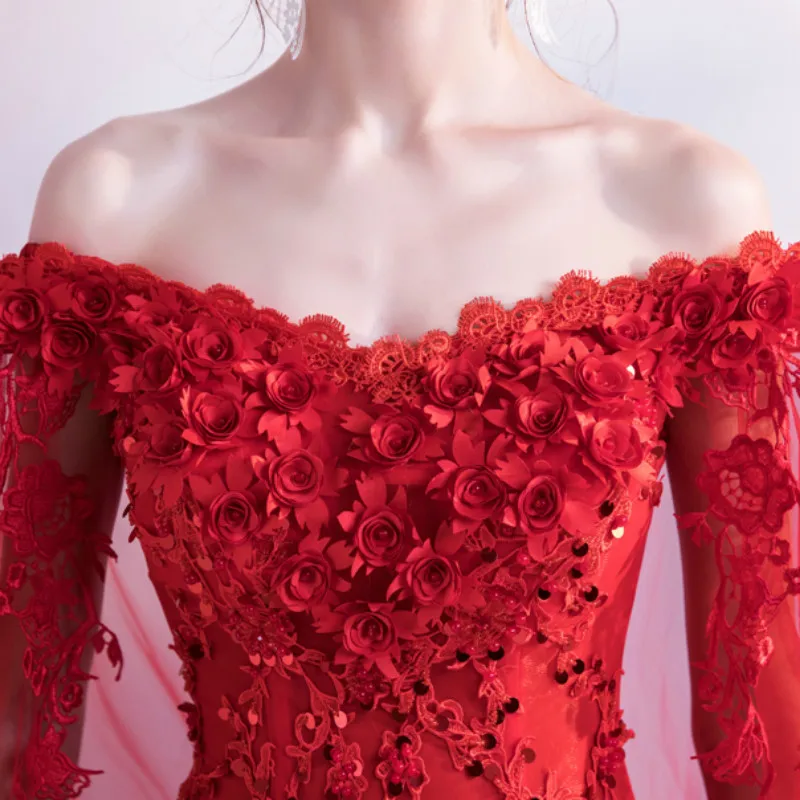 Элегантное вечернее платье красного цвета с вырезом лодочкой и длинными рукавами, с коротким шлейфом, фатиновое бальное платье с кружевом и блестками, с цветами, иллюзия, вечерние платья для выпускного вечера