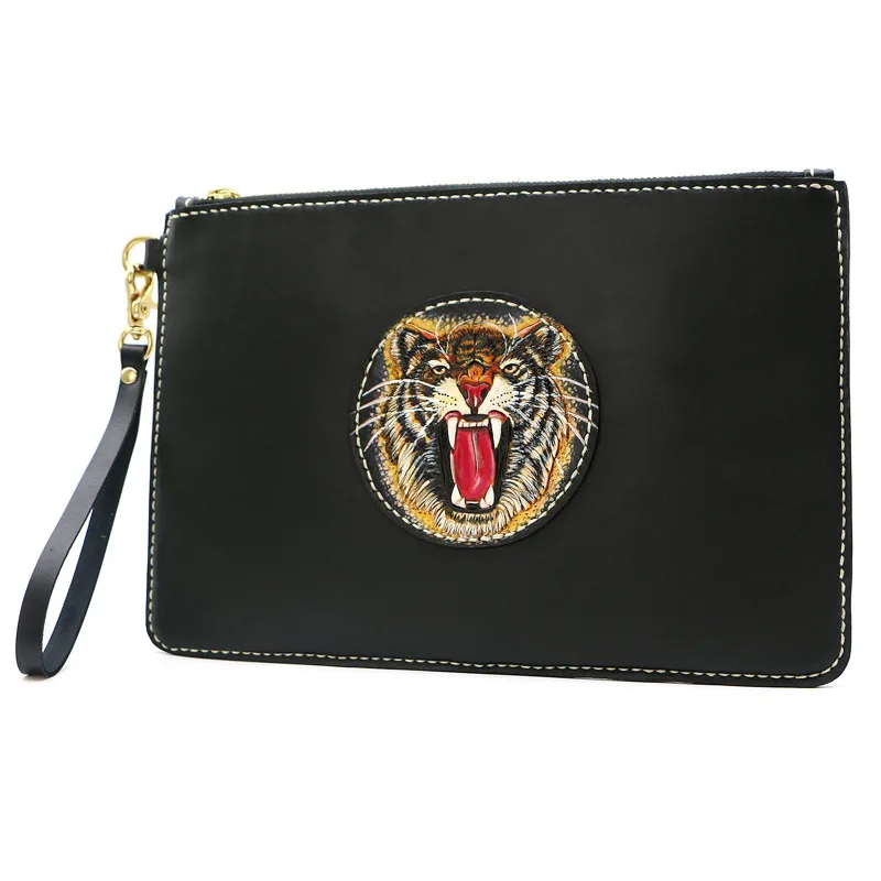 

Handmade Men Genuine Leather Bag Bags Money Holder Clutch Purse Clutches Vegetable Tanning Leather Tiger Envelope