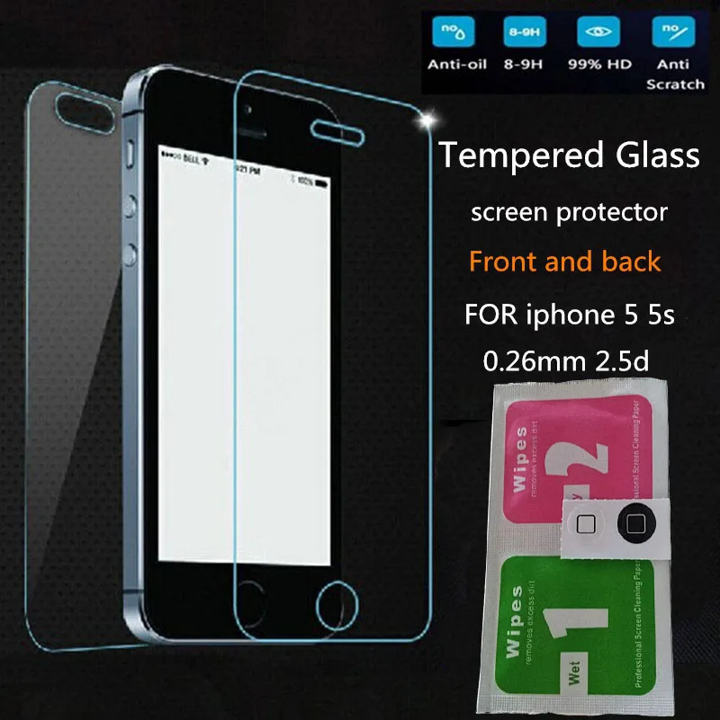 2 pcs/lot Front + Back Premium Tempered Glass for iPhone 5 5s 5se Anti-scratch 0.26mm 25D Screen Protector Film for iPhone 5S