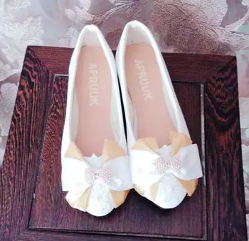 

Champagne butterfly-knot white bow brides flats shoes woman female woman's bowtie bridal lady party proms dress daning shoes