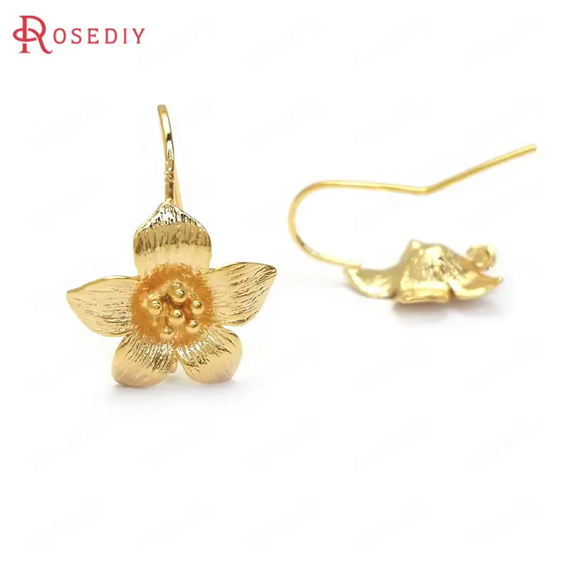 

(36022)10PCS Height 20MM Flower 16x14MM 24K Gold Color Brass and Zircon Flower Earring Hook High Quality Diy Jewelry Accessories