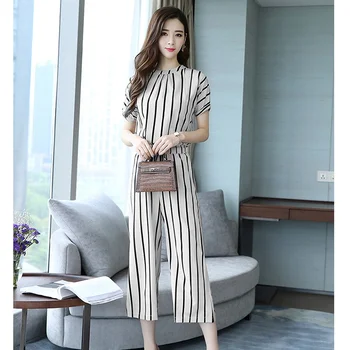 

Women Korean Style Striped T-Shirt + Loose Calf-Length Wide Leg Pants Set Short Sleeves O-Neck Pullover Elastic Waist