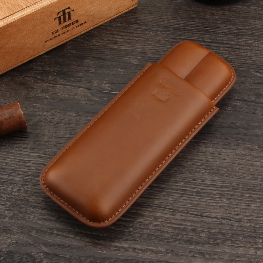 

Cohiba Real Leather Cigar Case Protable Mini Travel Humidor Tobacco Cigar Humidor 2 Tubes Cigars Holder Case W / Gift Box