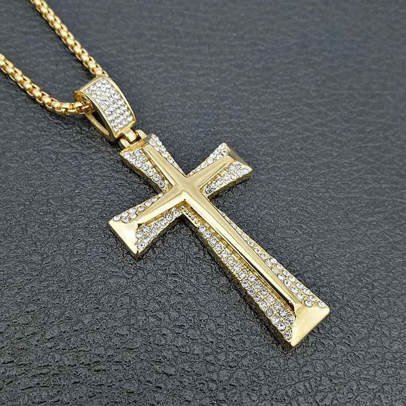 

New Gold Color Iced Out Cross Necklace Pave Rhinestone 316L Stainless Steel Cross Pendants Necklaces For Men Hip Hop Jewelry
