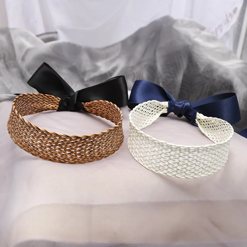 

AOMU Women Handmade Braided Straw Rattan Hairbands Long Tassel Ribbon Hair Bands Headbands for Women Hair Accessories