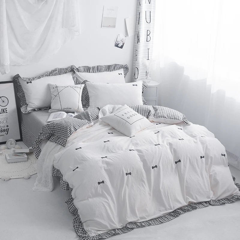 buy Embroidered Luxury Korean Bedding Set washed Cotton 4pcs King Queen Size Princess Bed Set Duvet Cover Bed sheet se