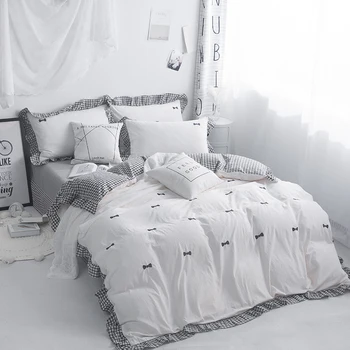 

Embroidered Luxury Korean Bedding Set washed Cotton 4pcs King Queen Size Princess Bed Set Duvet Cover Bed sheet se