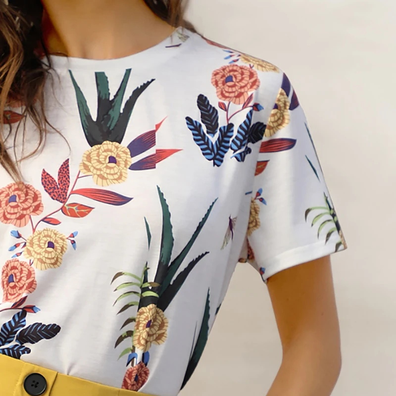 Dotfashion белая футболка с цветочным принтом и растениями для женщин летняя повседневная одежда с коротким рукавом модные топы уличная футболка