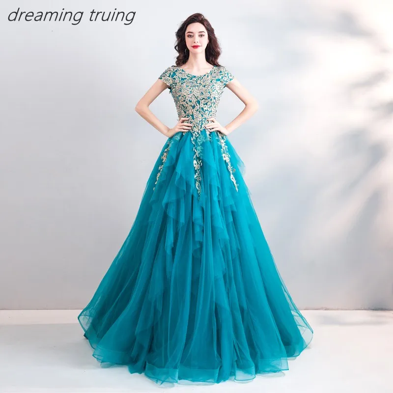 

Sparkling Turquoise Women Evening Dresses Pearls Tiered Tulle Long Short Sleeve Ladies Wedding Party Gown Abendkleider 2019
