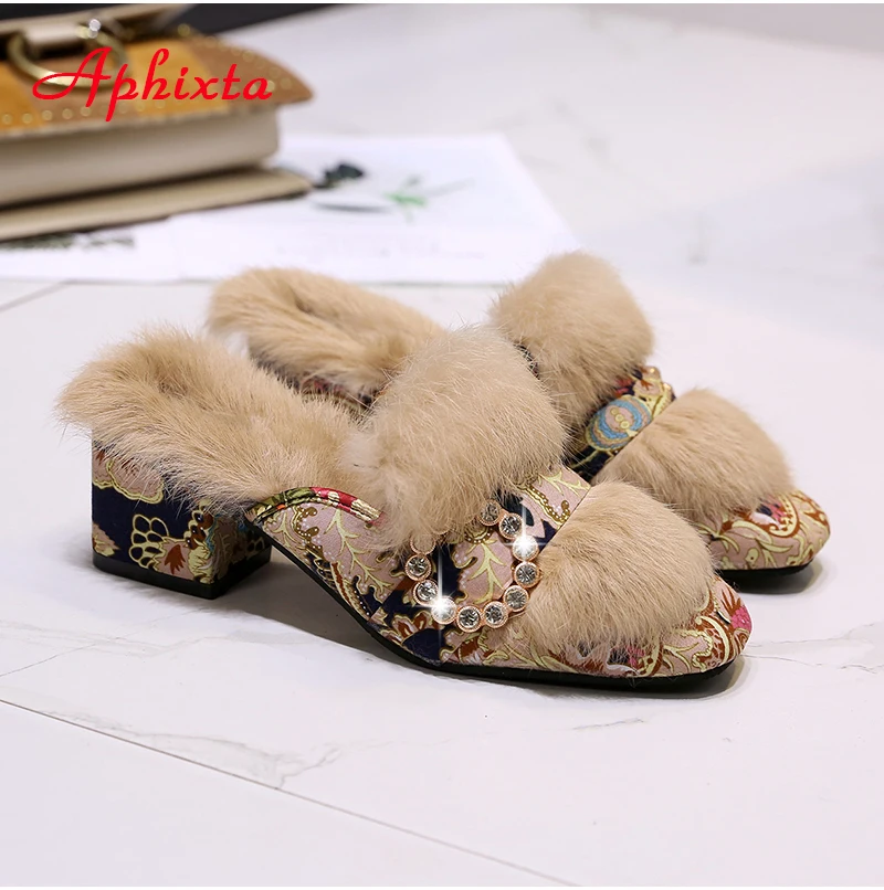 Aphixta Real Rabbit Hair Slippers Women Shoes Luxury Real Fur Square Heel Lady Warm Mujer Indoor Slides Plus Big Size 34-44