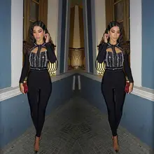 Новое поступление черный цвет дамы HL утягивающий комбинезон с длинным рукавом Алмаз Сексуальная облегающая одежда знаменитости Модный комбинезон