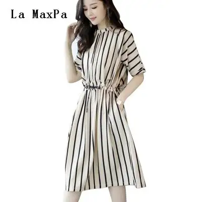 

M-XXXL 2018 Summer Female Casual Striped Loose Shirt Dress Elegant Half Sleeve O-Neck Work Office Midi Dress For Women Vestidos