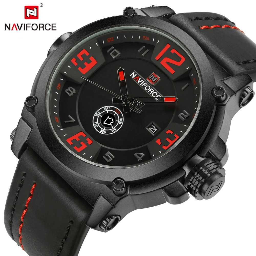 Часы NAVIFORCE мужские спортивные водонепроницаемые с кожаным ремешком