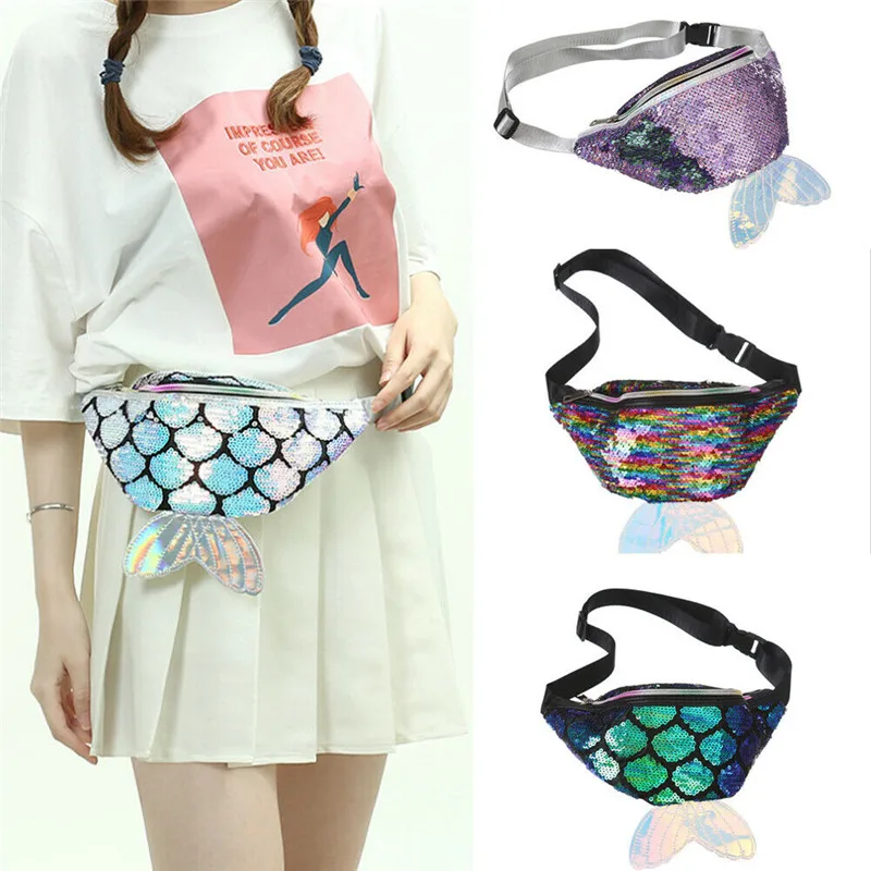 

NEW Women Girls Waist Bags Fancy Sequins Mermaid Pack Belt Bag Chest Touch Hip Bum Bag Small Purse Phone Bags