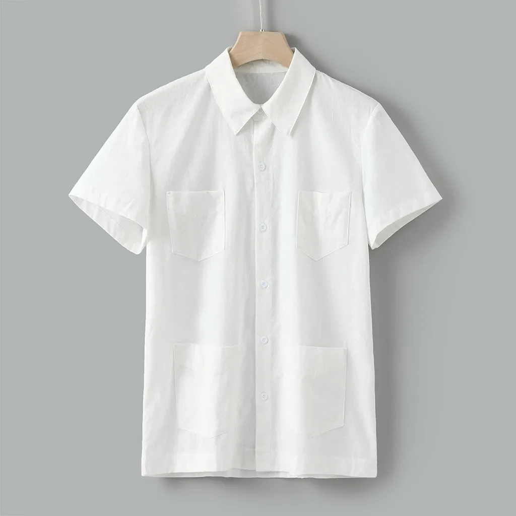 Хлопковая Льняная мужская рубашка с несколькими карманами, летняя Свободная Повседневная однотонная с коротким рукавом, топы размера плюс, рубашка с отворотом, мужская белая рубашка на пуговицах