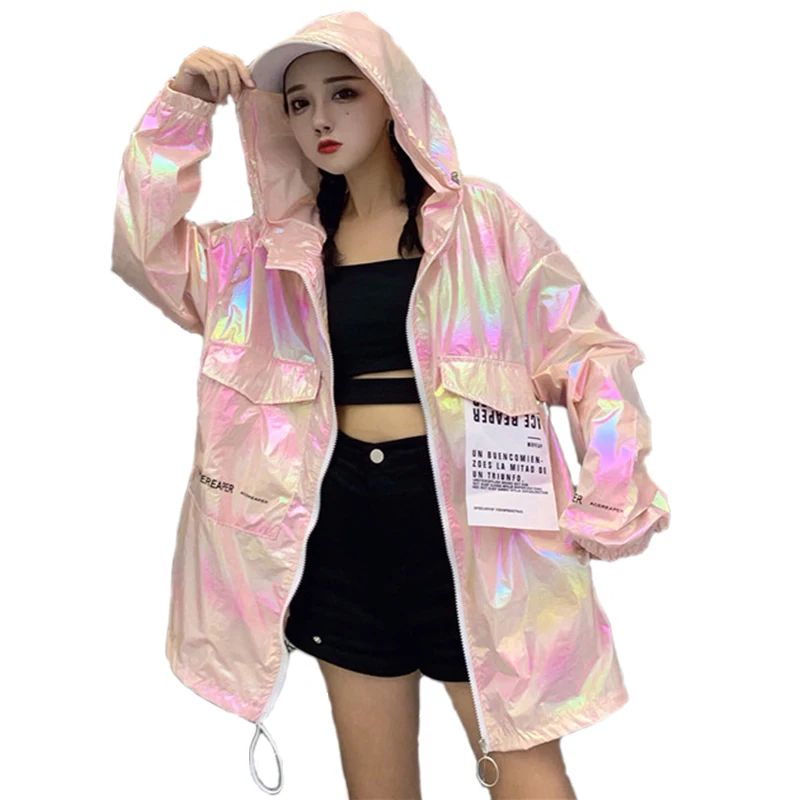 En Ligne Automne à capuche Bomber veste femmes lâche argent été mince veste femmes Fluorescence Hip Hop manteau grande taille à manches longues manteau
