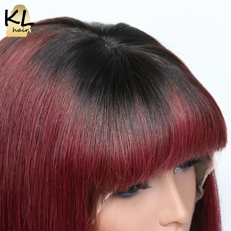 KL Hair, 13*4, парики из натуральных волос на кружеве с челкой, бразильские волосы remy, прямые короткие волосы, парик без клея, 130%, Омбре, цветные парики