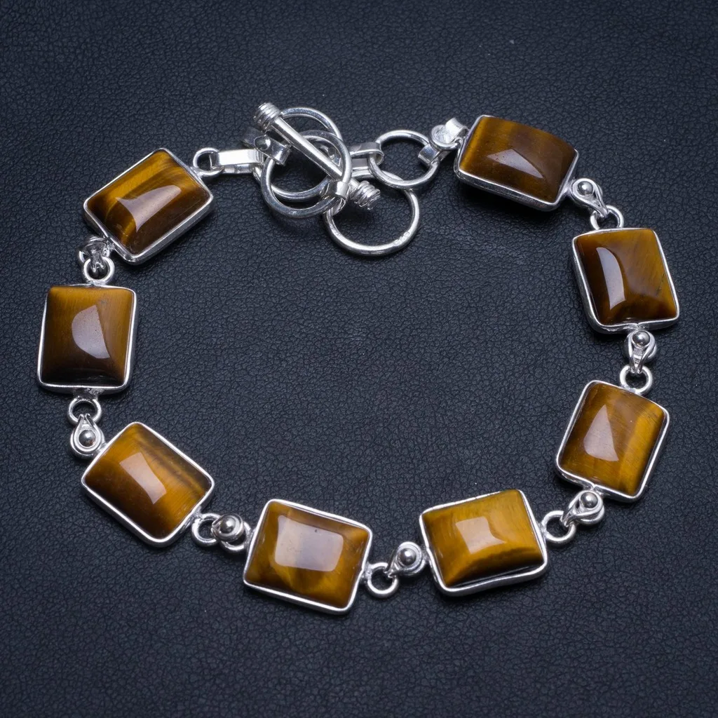 

Natural Tiger Eye Handmade Vintage 925 Sterling Silver Tennis Bracelet 7 1/2-8 1/2" T8525