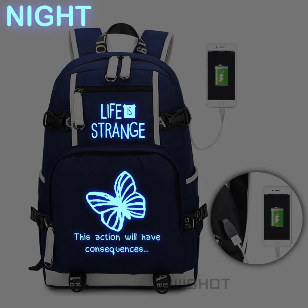WISHOT Life is Strange Светящийся рюкзак через плечо для путешествий, рюкзак для подростков с usb зарядным портом, сумки для ноутбуков