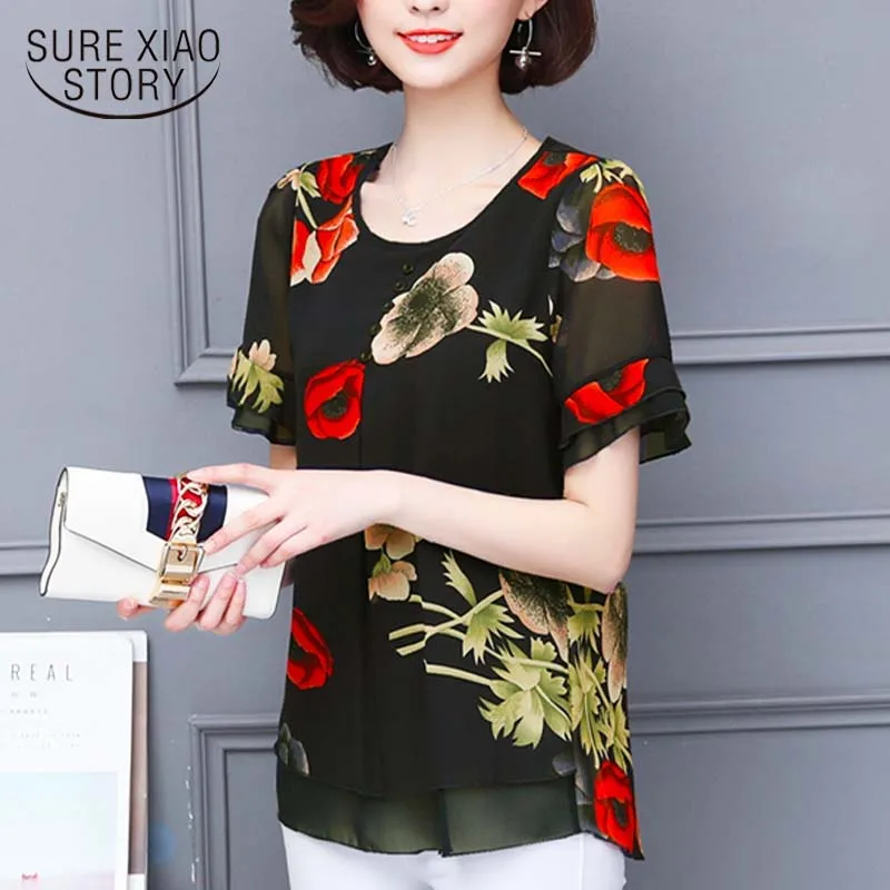 Women blouses tops 2019 ladies tops shirts chiffon blouse Floral O-Neck plus size women off shoulder top blouse shirt 3236 50