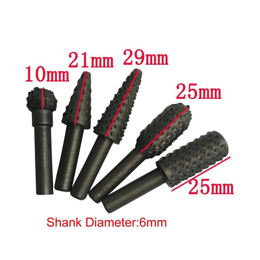 5Pcs 6mm Shank Steel Woodworking Cutter Milling Rasps Grinding Head Chisel Shaped Rotary Tool Set For Carving Engraving