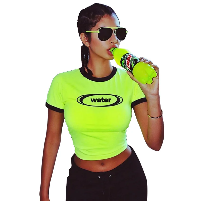 

2019 Summer Hot Selling Letter Printed Fluorescent Green Short Clothes Slim New Fashion Women Sexy Sports Gym Tshirt For Women