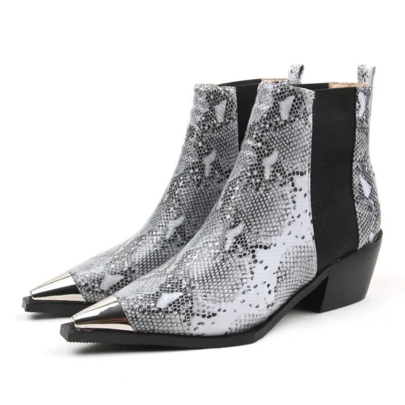 

Womens Pointed Metal Toe Chelsea Ankle Boots Sneake python Pattern Chunky Heel Real Leather Shoes Plus Size 3Colors A1137
