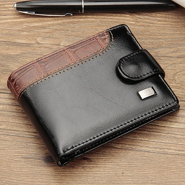 Новые мужские кошельки из лоскутной кожи Короткий Мужской кошелек с карманом для монет держатель для карт бренд Trifold мужской бумажник клатч сумка для денег - Цвет: black