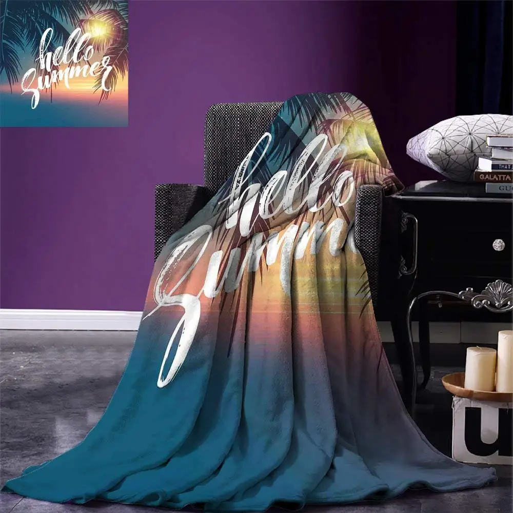 Palm Tree Throw Blanket Hello Summer Design a Tropic Paradise Beach and the Sunshine Pattern Print Flannel for Bed | Дом и сад