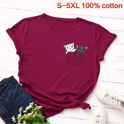 SINGRAIN/женская футболка с милым рисунком котенка из мультфильма, модные топы с карманом и котом из хлопка, большие размеры, футболка с принтом животных kawaii, Новинка - Цвет: wine red