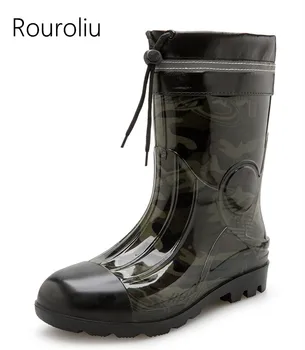 

Rouroliu Men Autumn Waterproof Rain Boots Mid-Calf Water Shoes Man Wellies Non-slip Winter Footwear Warm Socks Inserts TS163