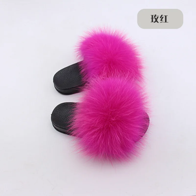 Wholesale Real Fox Slippers Kids Rainbow Neon Color Toldder Fur Child Home Slides Girls Raccoon Super Fluffy Cute Flat Summer