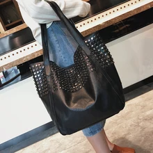 Big Package European and American style Large Rivet Shoulder Soft PU Leather Black Leisure Bag for Women Rock and Roll style Bag leisure women s satchel with rivet and black design