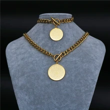 

Hot Sales Wholesale Christianity Stainless Steel jewelry sets gold color Round Necklace Bracelet Jewelry Sets for women man